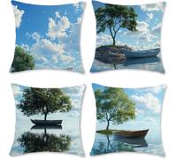 Cuscini Per Divano 50x50cm Set di 4 Cuscini da Esterno Divano Albero Cuscino Esterno Decorativo in Piazza Estate Lino Impermeabile Cuscino Outdoor Pillowcase, Decorazione Del Giardino Nuvola I-3