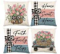 Cuscini Per Divano In Lino Confezione 45X45 Cm Lettera Fiore Set Di 4 Federe Cuscini Divano Con Cerniera Nascosta & Antipiega - Copricuscini Decorativi Traspiranti Per Divano, Letto, Ufficio
