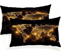 Cuscini per Divano Nero Cuscino Mappa Del Mondo Cuscini Divano 50x75 Federe Lino Set da 2 Copricuscini Rettangolari Morbidi con Cerniera Invisibile per Salotto Giardino Interno Decorazioni Casa JK-755
