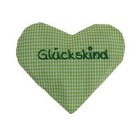 Cuscino a forma di cuore con scritta, dimensioni: scritta in lingua tedesca "Glückskind", colore: verde a quadretti.