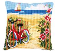 Cuscino a punto croce Vervaco "Bicicletta sulla spiaggia", ricamo disegnato