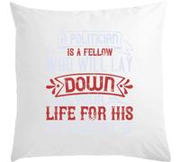 Cuscino bianco con scritta in inglese "A politician is a fellow who will lay down your life for his country", 40 x 40 cm, con imbottitura bianca