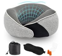 Cuscino Collo Viaggio Memory Foam, Cuscino Cervicale Dormire Ufficio, Poggiatesta Portatile con Maschera Occhi, Tappi Orecchie e Borsa Trasporto, Set Cuscini Viaggi in Aereo, Auto,Treno, Grigio Chiaro