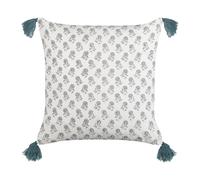 Cuscino cotone motivo floreale nappe 45 x 45 cm bianco e blu boho Cornus