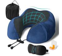 Cuscino da Viaggio, Cuscino Aereo Viaggio Memory Foam, Cuscino Cervicale da Viaggio Travel Neck Pillow con Maschera per Dormire e Tappi per le Orecchie per L'ufficio Dell'auto Dell'aereo, Blu