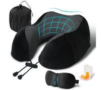 Cuscino da Viaggio, Cuscino Aereo Viaggio Memory Foam, Cuscino Cervicale da Viaggio Travel Neck Pillow con Maschera per Dormire e Tappi per le Orecchie per L'ufficio Dell'auto Dell'aereo - Nero