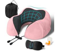 Cuscino da Viaggio, Cuscino Aereo Viaggio Memory Foam, Cuscino Cervicale da Viaggio Travel Neck Pillow con Maschera per Dormire e Tappi per le Orecchie per L'ufficio Dell'auto Dell'aereo, Rosa