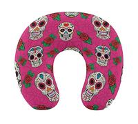 Cuscino da viaggio per collo da donna e uomo, comodo cuscino in memory foam per auto/volo/aereo, floreale lavabile in lavatrice, fiori di rosa, giorno dei morti, cuscino a forma di U con teschi di zuc
