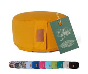 Cuscino da yoga »Vishnu« chiusura a cordoncino & pula di farro bio/alt. 15cm e 30cm diametro - ideale come cuscino yoga/cuscino zafu/cuscino meditazione/supporto meditazione.100% cotone-giallo curry