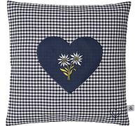 Cuscino di pino cembro ricamato con cuore e stella alpina blu a quadri, dimensioni 40 x 40 cm, riempito con fiocchi di cembro in legno di pino alpino con rivestimento extra