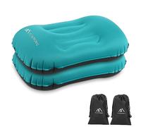 Cuscino gonfiabile da viaggio per collo e supporto lombare, confezione da 2, ultraleggero, per spiaggia e campeggio, con borse per riporre oggetti, blu