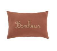 Cuscino in garza di cotone stampa ''Bonheur'' dorato e terracotta, 25x40 cm