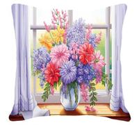 Cuscino Ricamato A Punto Croce Fai Da Te Fiori Colorati Vicino Alla Finestra Prestampato Cuscino Da Tiro Fai Da Te Ricamato Kit Per Ricamo Completi Decorativo Casa Per Principianti Adult 45x45cm