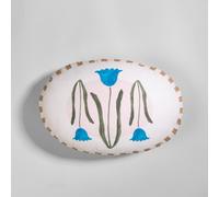 Cuscino rotondo in cotone biologico écru con motivi floreali verdi e blu, 45x33 cm