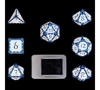 Cusdie - Set di 7 dadi in metallo per giochi di ruolo come D&D e Pathfinder, con scatola di latta, design a pugnale, poliedrici, blu/bianco