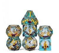 Cusdie Set di 7 dadi per DND con bordi affilati, a base liquida, poliedrici, fatti a mano, per giochi di ruolo (blu con sabbie mobili viola)
