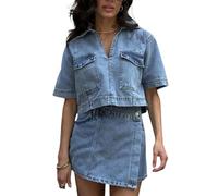 Cusghjbsg Completo estivo da donna in denim a 2 pezzi, a maniche corte, con risvolto, top jeans e mini pantaloncini asimmetrici a trapezio Streetwear, Blu A, S