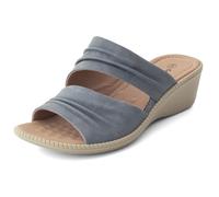 Cushion Walk Sandali extra larghi EEE Fit da donna, senza lacci, doppia cinghia, increspati, punta aperta, zeppa bassa, con soletta imbottita, comode scarpe estive leggere in ecopelle, Blu, 36 EU