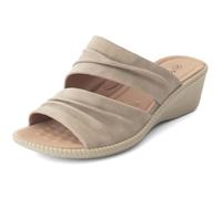 Cushion Walk Sandali extra larghi EEE Fit da donna, senza lacci, doppia cinghia, increspati, punta aperta, zeppa bassa, con soletta imbottita, comode scarpe estive leggere in ecopelle, Beige, 38 EU