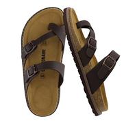 CUSHIONAIRE Pluto - Sandali estivi da donna con plantare in sughero, comodi, con fibbie regolabili, passante per dita e design cucito, eleganti calzature da donna, Nappa Marrone, 38.5 EU Larga
