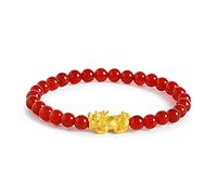 Cusstally Bracciali Bracciale in oro giallo 24 carati Donna 3D Luck Bless Charm con bracciale in perline di agata rossa regolabile 17 cm Regalo di gioielli (Color : Rot)