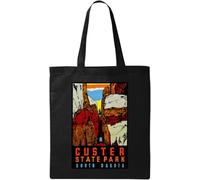 Custer State Park South Dakota Vintage Retro Travel Poster Borsa in Cotone Ecologico Naturale Nero, Nero , Taglia unica