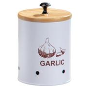 Custode all'aglio, supporto per aglio in acciaio al carbonio ventilato con coperchio di bambù, barattolo di stoccaggio in stile classico per controcessato, decorazione da cucina da fattoria