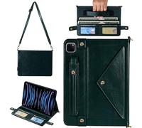 Custodia a borsetta per iPad Pro 11" 2022/2021/2020 e iPad Air 11" M3 M2, Techcircle Folio Stand PU Leather Hand Strap Protective Cover, Crossbody Pencil Holder Card Slots Wallet Case, Midnight Green
