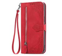 Custodia a Libro per ZTE Blade A76 5G Flip Cover con chiusura magnetica, tasca con cerniera, in pelle PU,con 7 scomparti per carte di credito, con Cinturino da Polso Magnetica Fiore Cover,Rosso