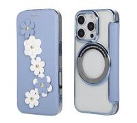 Custodia a portafoglio per iPhone 16 Pro Max, 3 slot per schede e anello magnetico, blocco RFID, compatibile con ricarica wireless, retro trasparente, design floreale in pelle, protezione dalle cadute