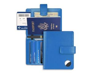 Custodia a portafoglio per passaporto, per donne e uomini, blocco RFID, custodia per passaporto con supporto AirTag, accessori da viaggio (blu)