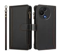 Custodia a portafoglio per TCL 605/60SE con cinturino, antiurto, in pelle di alta qualità, con cerniera, 9 scomparti per schede, colore: nero