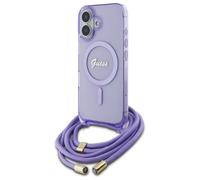 Custodia a tracolla con cordino Guess MagSafe per iPhone 16, colore viola.