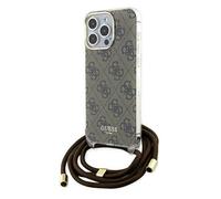 Custodia a tracolla Guess per iPhone 15 Pro, 4G, con stampa marrone.