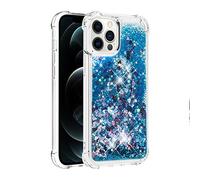Custodia antiurto per iPhone 16 Pro con glitter liquido sabbie mobili e cuori galleggianti, custodia in TPU a doppio strato rinforzata a 4 angoli, protezione sicura per telefono certificata SSD (blu)