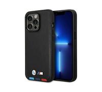 Custodia BMW per iPhone 14 Pro Max, nera - Pelle con timbro tricolore MagSafe