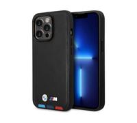 Custodia BMW per iPhone 14 Pro Max, nera - Pelle Hot Stamp Tricolore