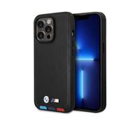 Custodia BMW per iPhone 14 Pro, nera - Pelle Hot Stamp Tricolore
