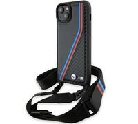 Custodia BMW per iPhone 15 nero Custodia rigida M Edition Carbon Tricolor Lines & Strap - Nouvo