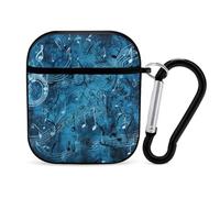 Custodia compatibile con AirPods 2 e 1, cover protettiva rigida in policarbonato con note musicali blu, per Apple AirPods 2 e 1, con portachiavi, supporto per ricarica wireless
