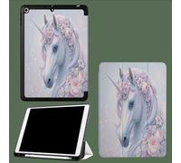 Custodia Compatibile con Cover iPad 9 8 7 Gen 10.2 Pollici, 2021/2020/2019 Modello,Leggero Custodia Protettivo Supporto Pieghevole con Pencil Holder Romanticismo Fiori Cavalli Fiabe Animali-Bianco