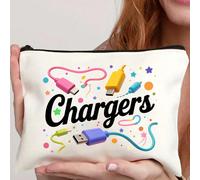 Custodia compatta con stampa di caricabatterie: 21*17cm Organizer bianco con motivi divertenti per e-gadget | Borsa essenziale multiuso per cosmetici e piccola tecnologia (chiusura lampo nera) Custodi