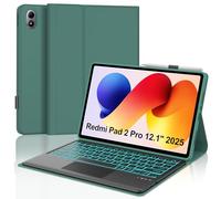 Custodia con tastiera per Xiaomi Redmi Pad 2 Pro 12.1"/Redmi Pad Pro 12.1" 2024, 7 colori di illuminazione, Bluetooth magnetico rimovibile custodia tastiera con layout Qwertz, verde scuro -touchpad