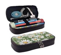 Custodia cosmetica con patta in pelle bianca con stampa margherita, borsa cosmetica, borsa portaoggetti con cerniera, borsa per cancelleria in pelle, nera, taglia unica, Nero , Taglia unica