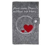 Custodia deluxe per il libretto di gravidanza, con la scritta in lingua tedesca "Aus dem Bauch mitten ins Herz!" con scomparti extra e chiusura, in feltro di lana al 100%, prodotta in Germania