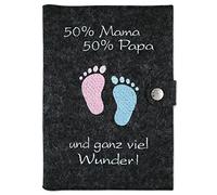 Custodia Deluxe per libretto gravidanza "50% Mama 50% Papa... und ganz viel Wunder" con extra tasche e chiusura in feltro di lana 100% - prodotto in Germania