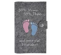 Custodia Deluxe per libretto gravidanza "50% Mama 50% Papa... und ganz viel Wunder" con extra tasche e chiusura in feltro di lana 100% - prodotto in Germania