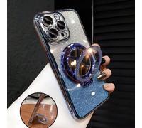 Custodia di lusso per telefono placcata in blu con supporto magnetico ad anello per bicicletta, specchio per il trucco integrato, glitter con strass, stile Y2K, morbida e antiurto in silicone alla mod