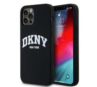 Custodia DKNY in silicone liquido MagSafe per iPhone 12, colore nero.