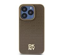 Custodia DKNY in similpelle con motivo MagSafe per iPhone 14, colore marrone.